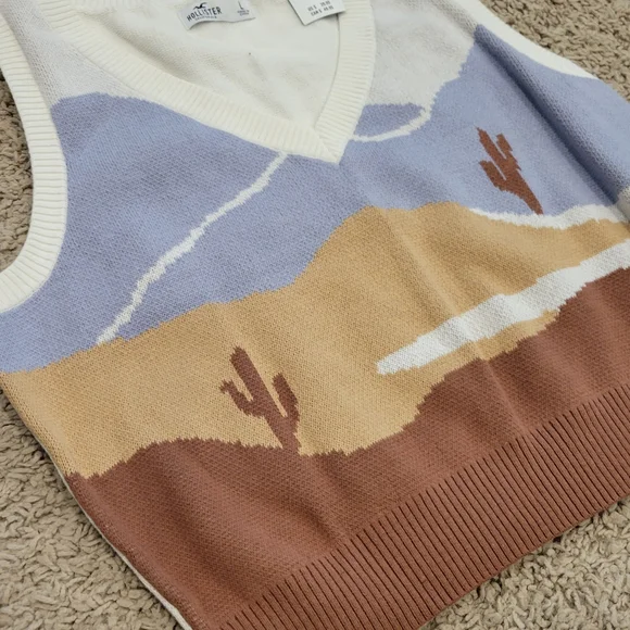 Hollister V-Neck Sweater Vest - Cream, Brown, Blue - Picture 2 of 4